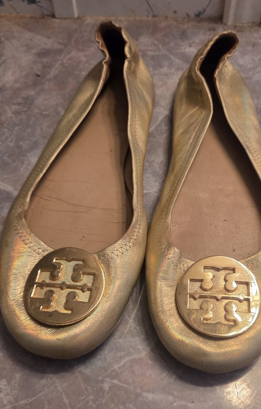 Tory Burch Metallic Gold Logo Ballet Flats